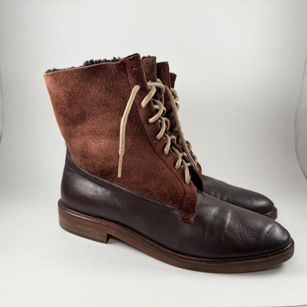 Brown Leather‎ Suede Lace Up Boots Faux Fur Lined Fold Over Ankle Ann Taylor - Picture 4 of 16